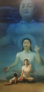 第三届“全世界华人人物写实油画大赛”获金奖的画作《眼里的妈妈（又名纯净入仙境）》（作者：美国画家陈肖平）。