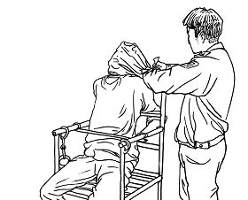 中共酷刑示意图：脸蒙上布反铐铁椅子