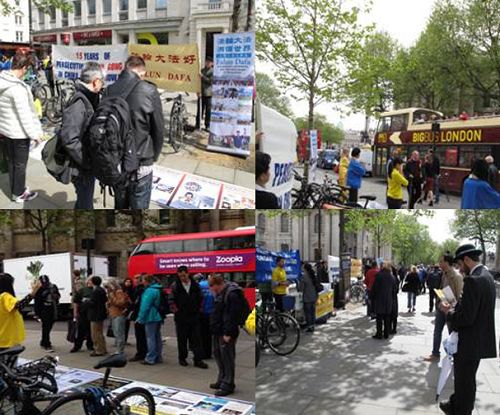 英国法轮功学员在伦敦市中国城举办讲真相、反迫害活动，吸引许多路人驻足了解真相。