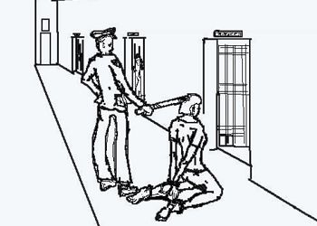 中共酷刑示意图：“穿后刑”——将人双手背铐、双膝下跪、双脚戴脚镣，同时将手铐、脚镣用铁丝最短距离串起来