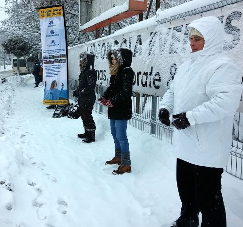 图1：罗马尼亚东西方法轮功学员大雪中安静地炼功