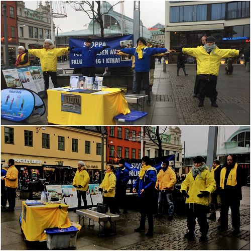 '图1：瑞典哥德堡的学员们在市中心举办弘法活动，图为学员们在集体炼功'