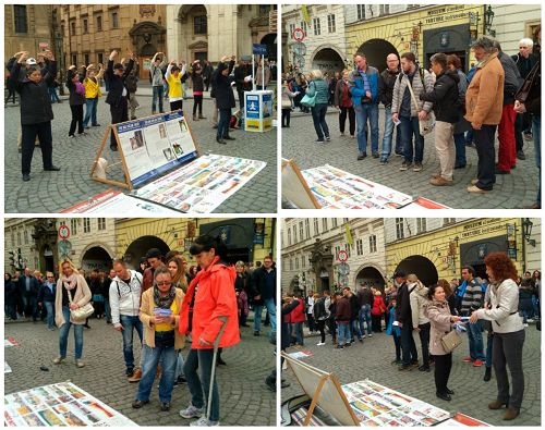 纪念四二五，捷克部分法轮功学员在布拉格查理大桥旅游景点举办讲真相活动。吸引一批批游客了解真相。