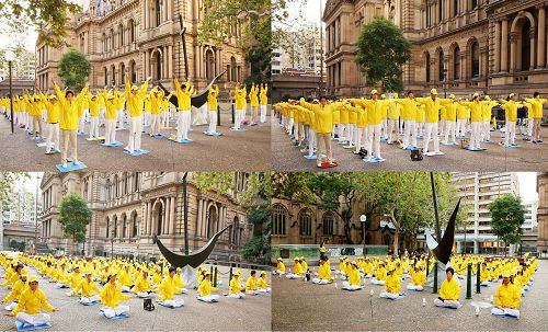 图1：法轮功学员在悉尼市政厅前集体炼功