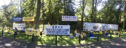 '图1、2：法轮功学员在中国驻荷兰海牙领事馆前声援王治文'