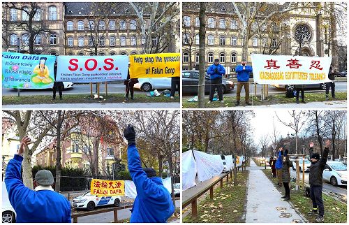 '匈牙利部份法轮功学员聚集在中国大使馆前和平抗议，要求停止在中国对法轮功的残酷迫害。'