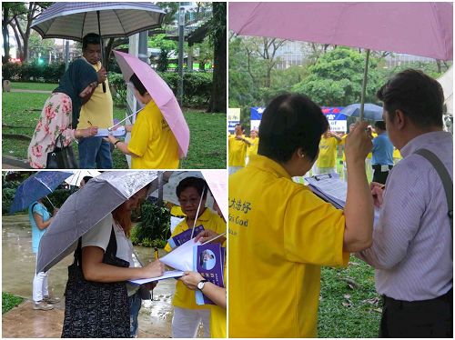 '图3～4：二零一七年四月十八日，新加坡法轮功学员在芳林公园举办活动，纪念“四·二五”和平上访十八周年。图为经过活动现场的各族裔民众，在了解真相后纷纷签名，呼吁制止中共活摘法轮功学员器官的暴行。'