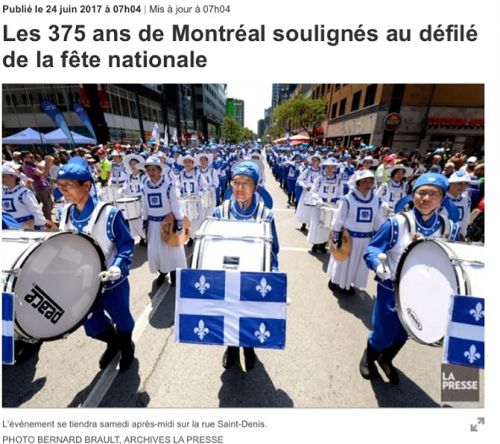 '图1：蒙特利尔最大的法文报《LA-PERSSE》头版刊登法轮大法天国乐团的照片，预告魁北克省庆日游行'