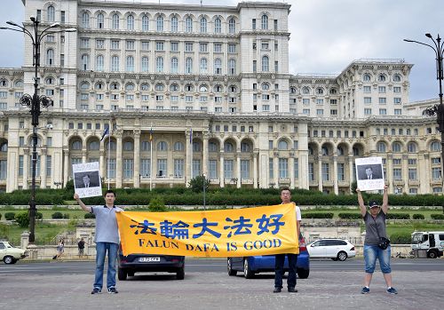 法轮功学员在国会对面抗议刘云山到访
