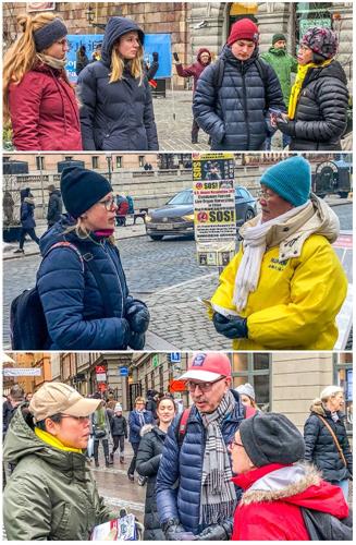 '图1～3：在瑞典首都斯德哥尔摩通往老城、最热闹皇宫旁的钱币广场上法轮功学员们的真相展位吸引众多游客了解真相'