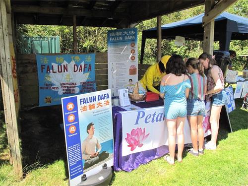 '图1～2：二零一九年七月六日，法轮功学员参加在霍克山千年绿地公园（Mount Hawke Millennium Green）举办的“霍克山夏季展会（Mount Hawke Summer Fair）”'
