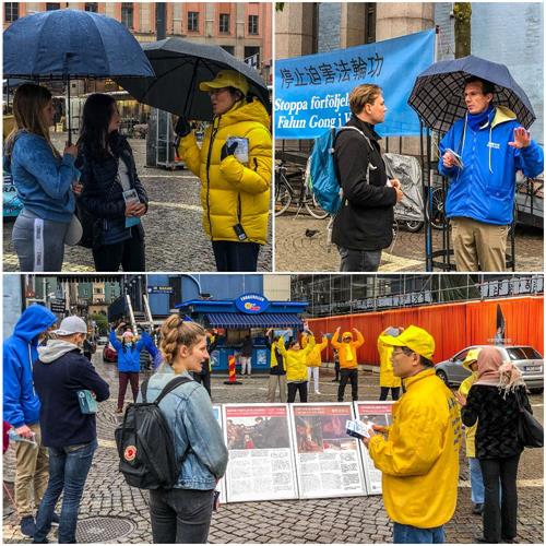 '图2～3：瑞典民众冒雨驻足阅读真相展板，和法轮功学员交谈了解详情。'