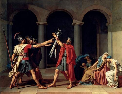 图例：油画《荷拉斯兄弟之誓》（Le Serment des Horaces），作者：大卫（Jacques-Louis David），作于1784年。
