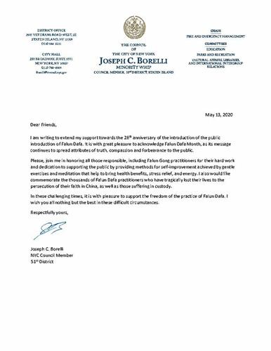'图13：纽约市第五十一选区市议员约瑟夫·博雷利（Joseph C. Borelli）的贺信'
