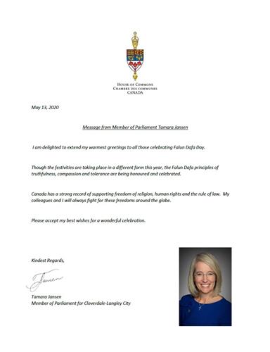'图2：温哥华地区Cloverdale-Langley City选区国会议员塔玛拉·詹森（Tamara Jansen）祝贺法轮大法日的贺信。'