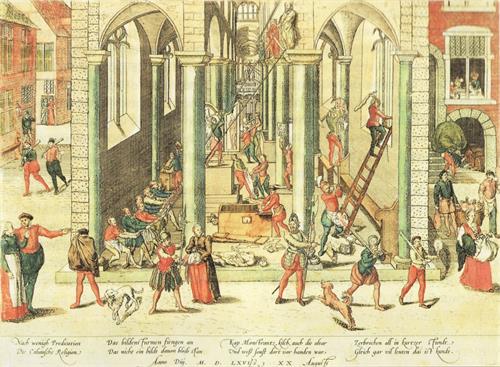 图例：1566年，加尔文派的新教徒正在毁坏安特卫普圣母主教座堂中的雕像与宗教画，图为弗拉芒版画家霍根贝格（Frans Hogenberg）所绘制。