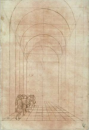 图例：意大利画家皮萨内洛（Pisanello）所绘的透视图，25厘米 × 17.5厘米，作于十五世纪。