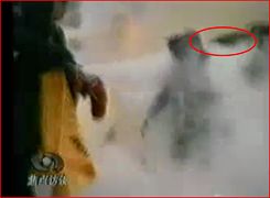 CCTV“自焚”节目慢动作分析-1：在灭火器喷射的同时，一只手臂抡了起来，猛击刘春玲的头部