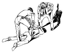 酷刑示意图：苏秦背剑：把人的双手臂背在后面用手铐铐住，恶警抓住铁链踩住法轮功学员后背，用力往上拽，痛苦至极。