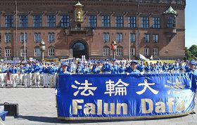 '二零一三年七月二十日，欧洲法轮功学员在丹麦哥本哈根议会广场举行反迫害集会'