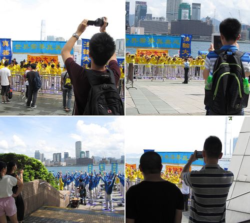 图7-8：法轮功学员的炼功场面吸引游客拍照摄像。