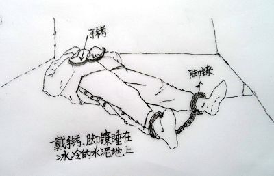 图：关在小号中，许文龙睡在冰冷的水泥地上