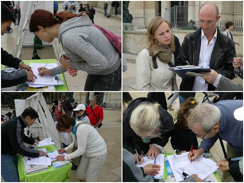图2-6：世界各地游客和法国民众认真签名，表达支持法轮功反迫害的心声