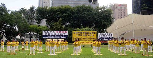 图1-2：新加坡法轮功学员在芳林公园集体炼功，传播真相。