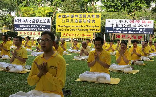 反迫害十六周年，新加坡法轮功学员在芳林公园举办活动，传播法轮功真相，并将“诉江大潮”广告民众。