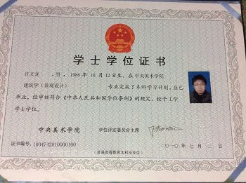 许文龙毕业于中央美术学院的学位证书