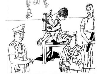中共监狱酷刑示意图：背铐在椅子上
