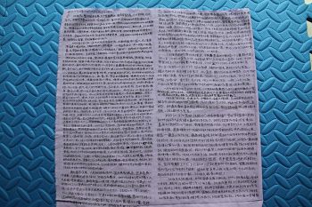 '哈尔滨六十五岁法轮功学员李文俊在布条上写下的控诉。'