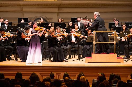 '图4：10月14日晚间，神韵交响乐的天籁之音在卡内基大厅（Carnegie Hall）响起，纽约主流观众欣赏了一场顶级音乐盛宴。图为小提琴演奏家郑媛慧在演奏。'