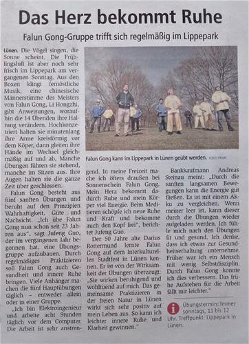'图：三月三十一日，德国《周末信使报》报道法轮功学员在绿嫩市丽波公园集体炼功。'
