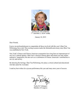 图4：国会众议员维乐贵丝（Nydia M. Velazquez）给2019纽约神韵演出的贺函。