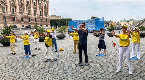'图1：二零二零年八月二十一日、二十二日和二十五日，法轮功学员在斯德哥尔摩市中心国会大厦旁的钱币广场举办讲真相活动。图为法轮功学员在展示功法。'