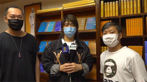 '图6：香港明星阮民安（中），餐厅负责人李先生（左）和谈先生（右）说：“我们三位在这里祝李洪志师父中秋快乐、身体健康。”'