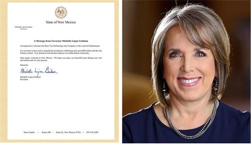 '图1：二零二一年十一月一日神韵演出日前夕，新墨西哥州州长米歇尔‧卢扬‧格里沙姆（Michelle Lujan Grasham）发来贺信，热诚欢迎神韵的到来。'