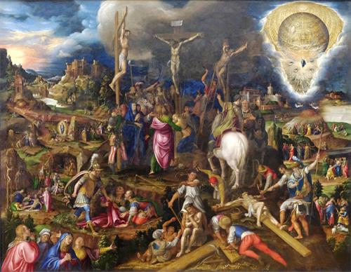 图例：意大利画家坎皮（Antonio Campi）所绘的《基督受难、复活和升天的奥义》（Les Mystères de la Passion, de la Résurrection et de l'Ascension du Christ），165厘米 × 205厘米，原为木板油画，后经换背为布面油画，作于1569年，现存于巴黎卢浮宫。
