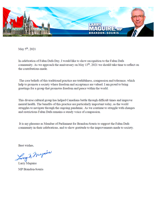'图5：联邦国会议员麦奎尔（Larry Maguire）的贺信。'
