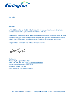 '图12：伯灵顿市第二选区议员卡瑞思（Lisa Kearns）的贺信'