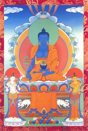 图例： 居中盘坐的药师佛和左右站立的两位菩萨。药师佛全称“药师琉璃光王如来”，佛教中认为，青金石蓝色是药师佛的身色。